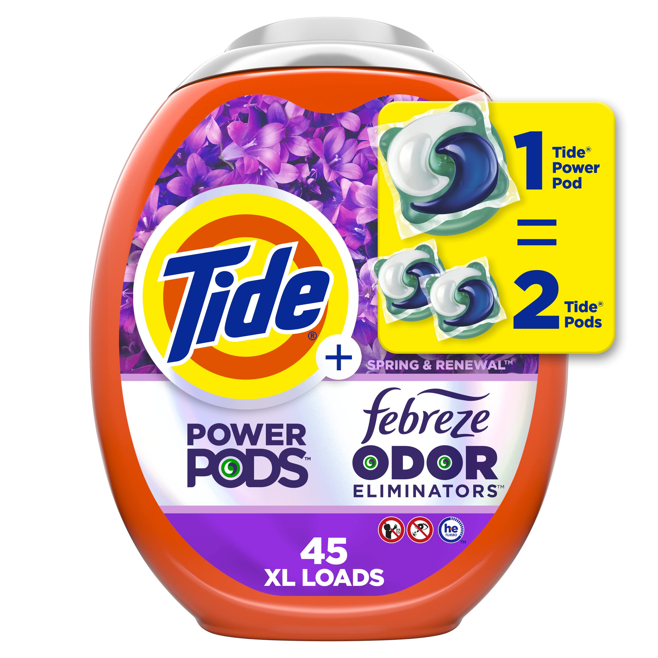 Tide Power Pods with Febreze Laundry Detergent Pacs, 45 Count, Spring & Renewal Scent, All-Day Freshness
