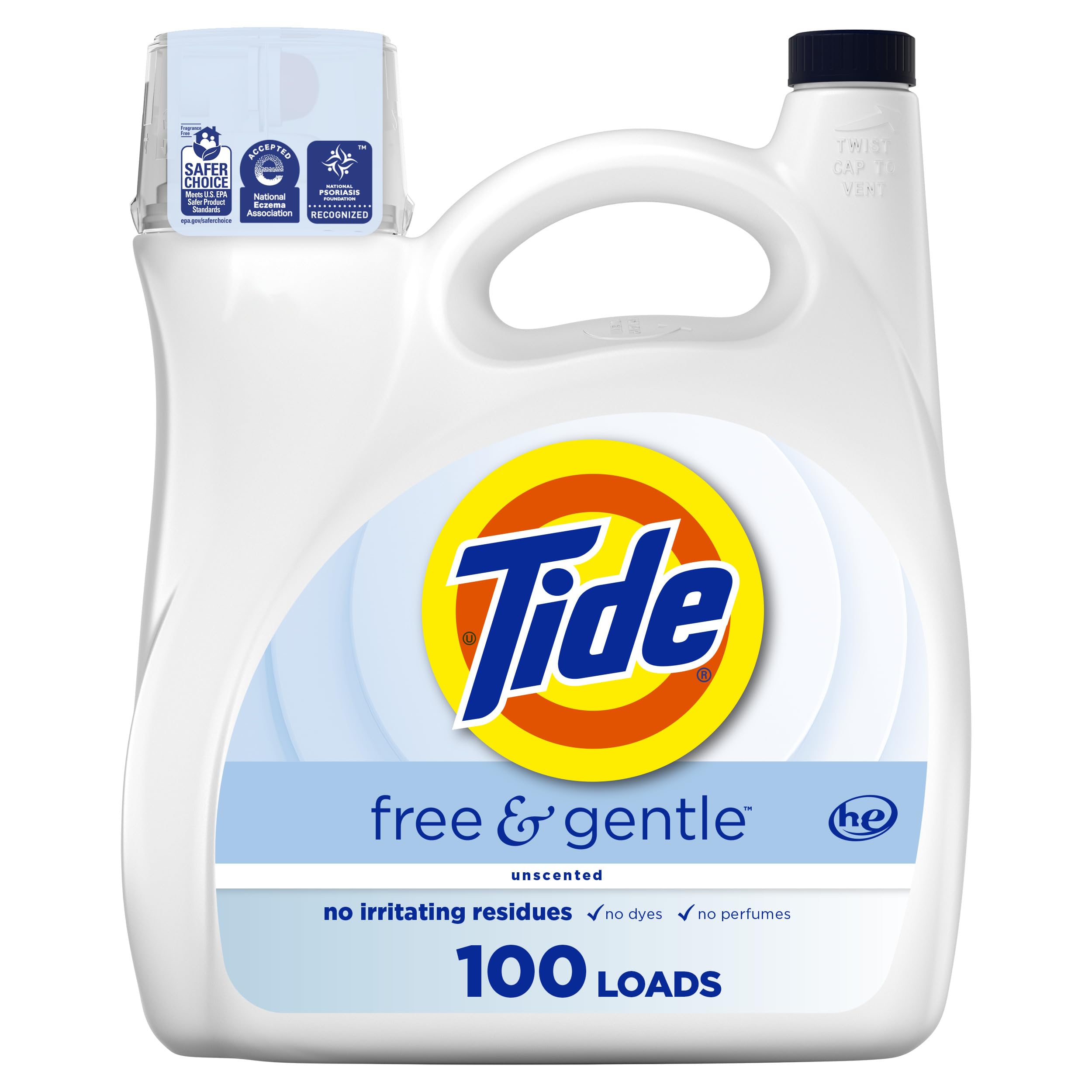 Tide Free & Gentle Liquid Laundry Detergent, 100 Loads, 132 fl oz, Tide Laundry Detergent, Clean Laundry Detergent