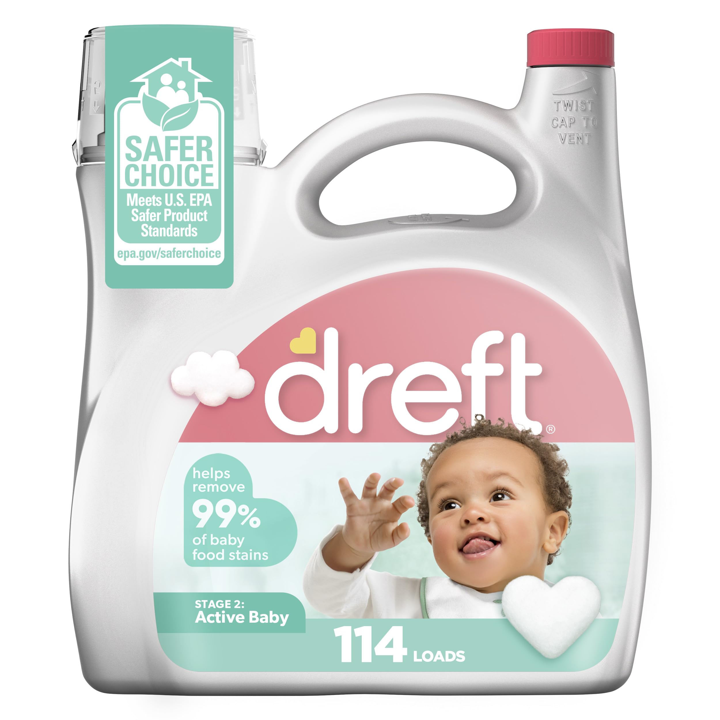 Dreft Stage 2 Active Baby Liquid Laundry Detergent, Helps Remove 99% of Baby Food Stains, Hypoallergenic, 114 loads