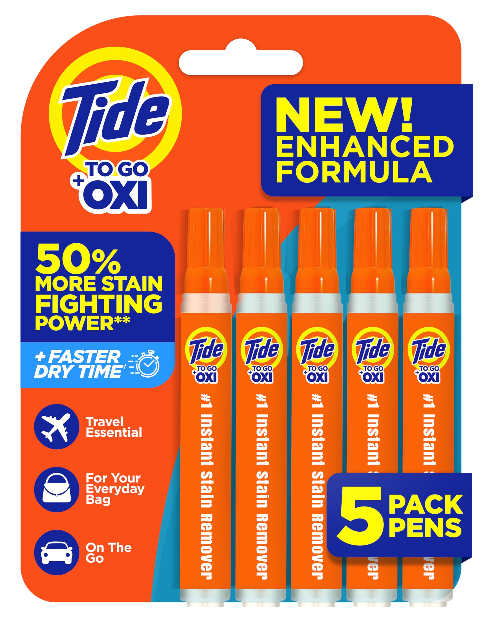 Tide Stain Remover for Clothes, Tide To Go Pen, Instant Stain & Spot Remover for Clothes, Travel & Pocket Size, 5 Count (Pack of 1) (Packaging May Vary)