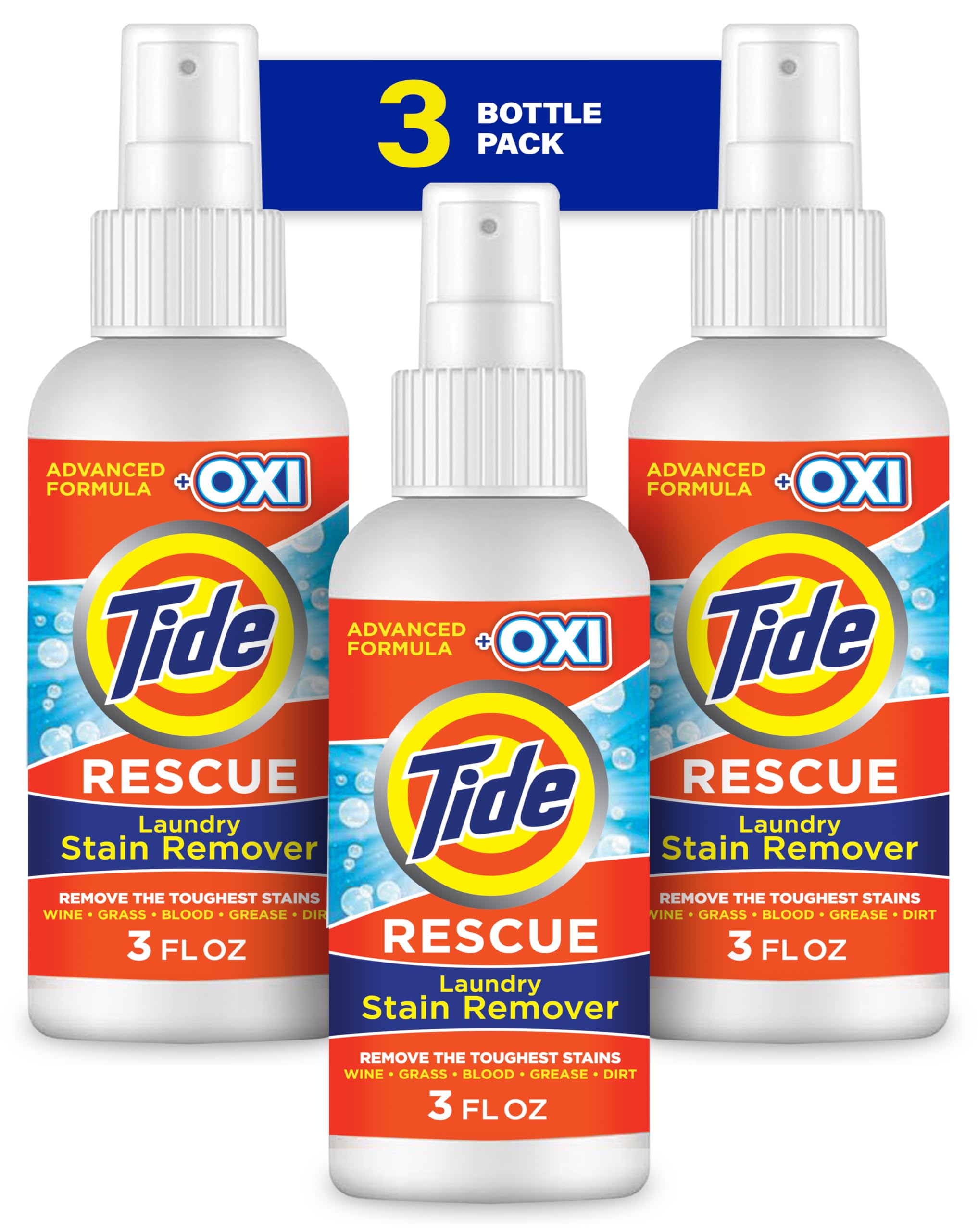 Tide Laundry Stain Remover Spray with Oxi, Travel Stain Remover for Clothes, Carpet, Upholstery, Pet Bedding, Stain Treater Spray for Tough Stains from Wine, Coffee, Grease, 3 Oz (Pack of 3)